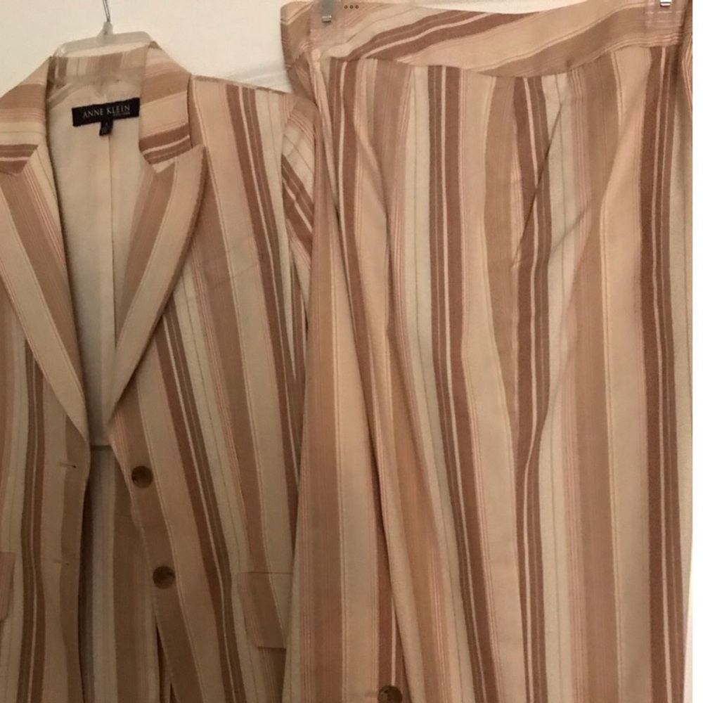 Anne Klein Beige and Brown Striped Women Suit.